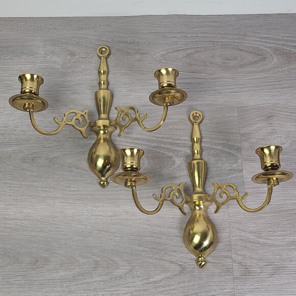 Solid Brass Ornate Wall Sconce Double Candlestick Holders Set of 2 - Picture 5 of 10